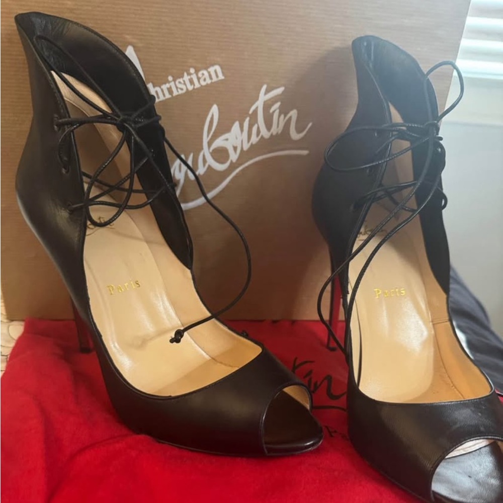 Christian Louboutin Black Lace-Up Peep-Toe Heels